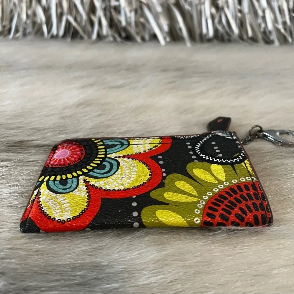 VERA BRADLEY Flower Shower 2014 Key Chain Card Holder Orange Brown Vegan Leather